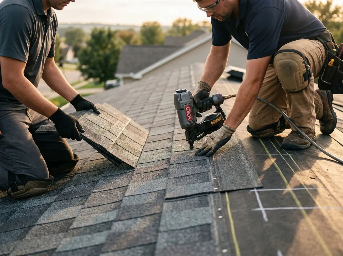 Professional roofer working on a residential roof in Scranton